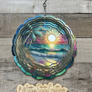 Palm trees beach and sun wind spinner, 8in wind spinner, tropical wind spinner