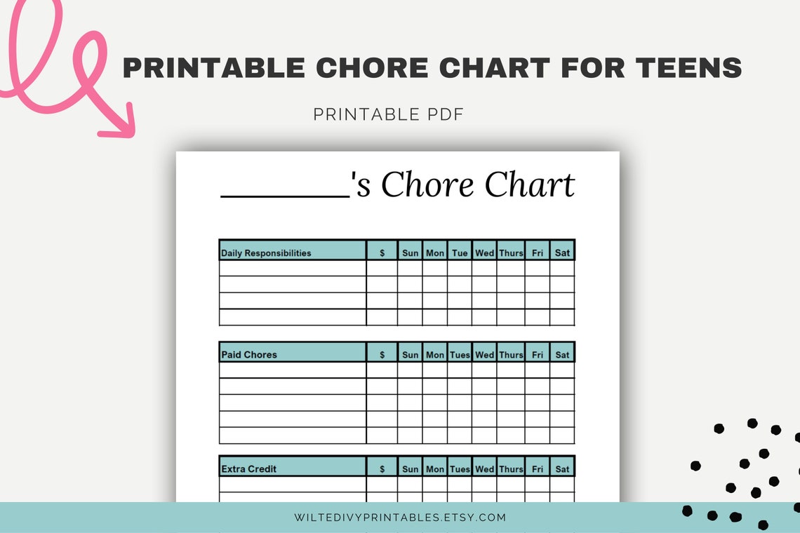 Printable Chore Chart for Teens, Paid Chores Chart, Teenager Chore ...