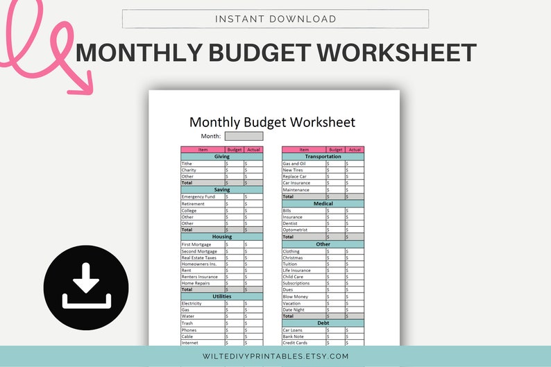 Printable Monthly Budget Worksheet, Monthly Budget Tracker, Budget ...