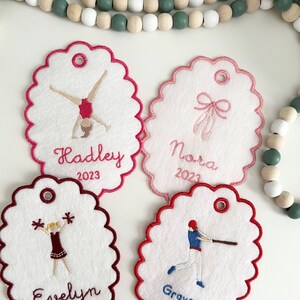 Personalized Embroidered Christmas Ornament, Stocking Tag, Gift Tag, Gymnastics, Ballet, Cheer, Baseball image 4