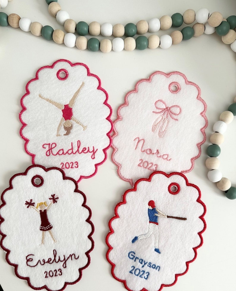 Personalized Embroidered Christmas Ornament, Stocking Tag, Gift Tag, Gymnastics, Ballet, Cheer, Baseball image 4