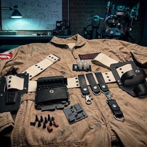 May include: A tan flight suit featuring a Ghostbusters patch on the shoulder and a name patch on the chest. A white web belt with black leather holsters, metal clips, and various small plastic components, including wire nuts, are arranged on the fabric.