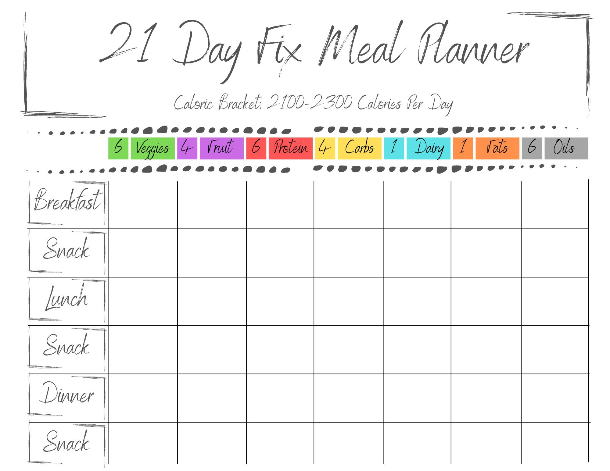 21 Day Fix Meal Planner Excel Template Weekly Diet Planner With Recipe List  for Any Different Calories Range 