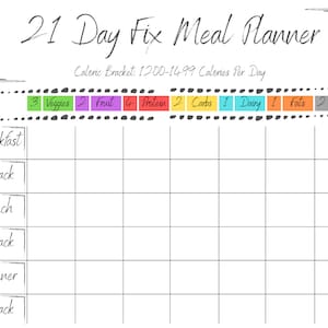 Pode incluir: Um planificador de refeições imprimível em preto e branco com o título "21 Day Fix Meal Planner". O planificador tem uma seção para cada dia da semana e inclui uma faixa de calorias de 1200-1499 calorias por dia. O planificador também inclui uma seção codificada por cores para diferentes grupos de alimentos, incluindo vegetais, frutas, proteínas, carboidratos, laticínios, gorduras e óleos.