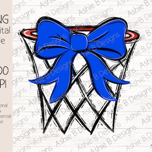 May include: Digital design of a basketball hoop with a blue bow. The hoop is black with a red rim. Text on the left reads "PNG Digital File 300 DPI Personal & Commercial Use."