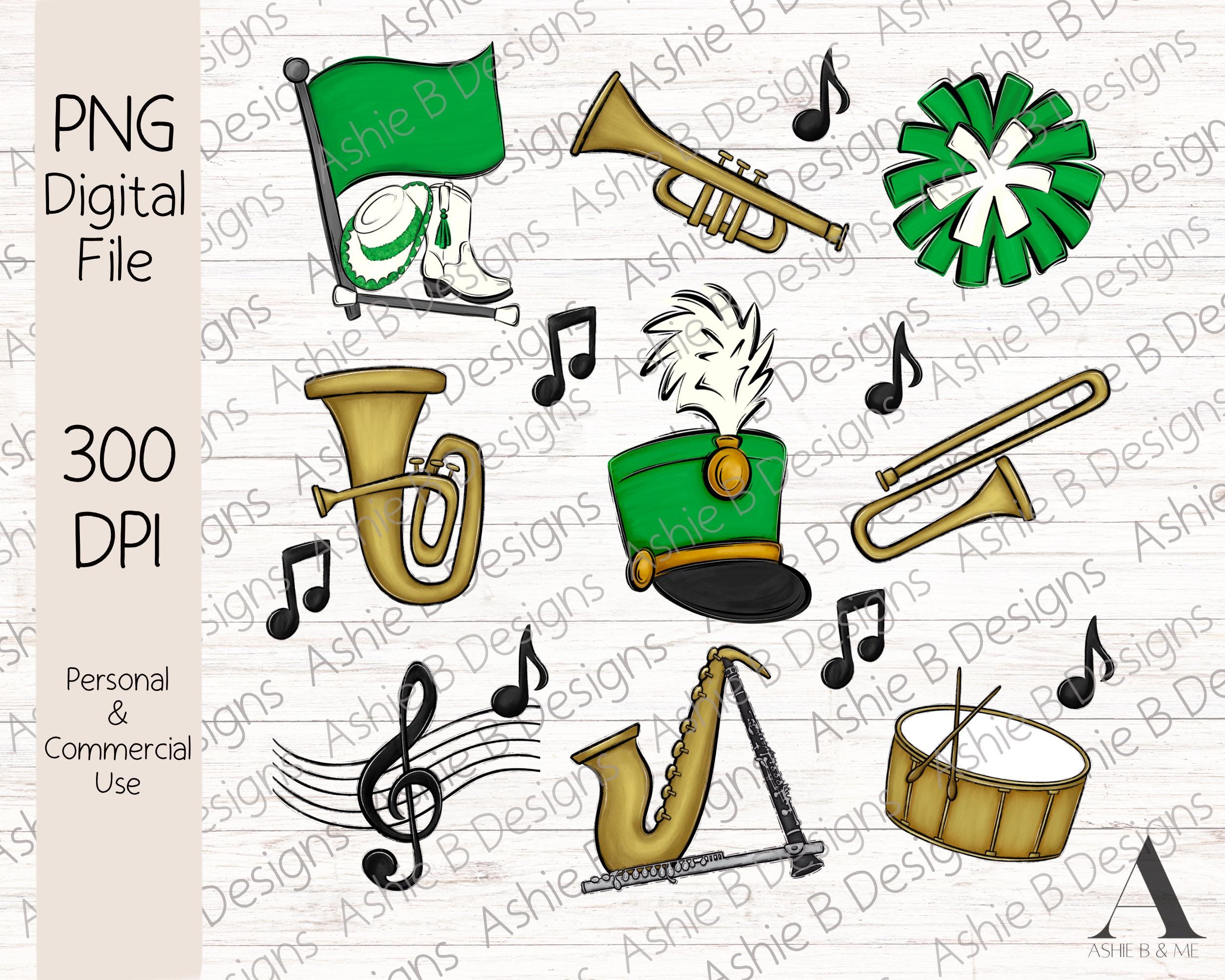 Band Collage Png, Green Band Instruments Tshirt Design, Band Mom, DTF ...