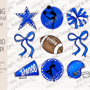 May include: A set of blue and white cheerleading and football themed digital clipart images. The set includes a star, a bow, a football, a cheerleader, a megaphone, a pom-pom, and a helmet.
