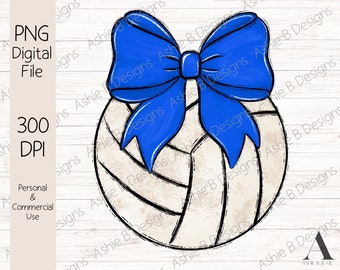 May include: A white volleyball with black lines is decorated with a large blue bow. The volleyball and bow are painted in a watercolor style.