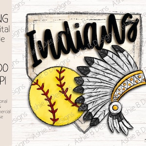 May include: A digital illustration of a softball with red stitching, a yellow background, and a white and black headdress with yellow accents. The word "Indians" is written in black above the softball and headdress.