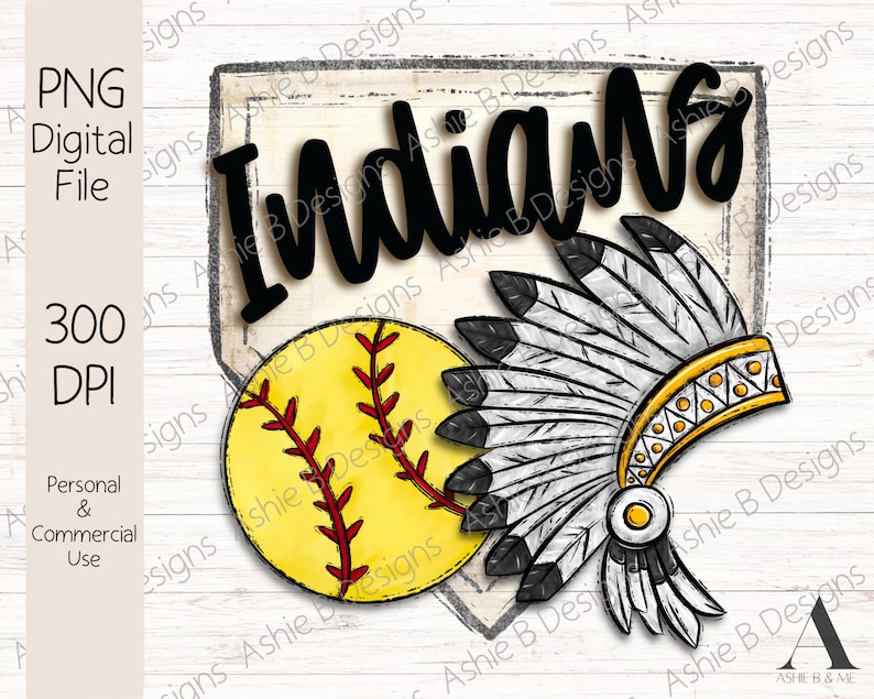 May include: A digital illustration of a softball with red stitching, a yellow background, and a white and black headdress with yellow accents. The word "Indians" is written in black above the softball and headdress.