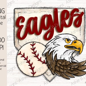 May include: A digital illustration of a baseball home plate with a baseball, an eagle, and the word "eagles" in red lettering. The background is a wood grain texture.