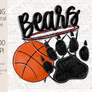 Könnte beinhalten: Digitales PNG-Datei mit einem Basketball, einem Basketballkorb und einem großen schwarzen Pfotenabdruck. Das Wort "Bears" ist in fetter, schwarzer Schrift über dem Korb geschrieben. Der Basketball ist orange mit schwarzen Linien. Für den persönlichen und kommerziellen Gebrauch.
