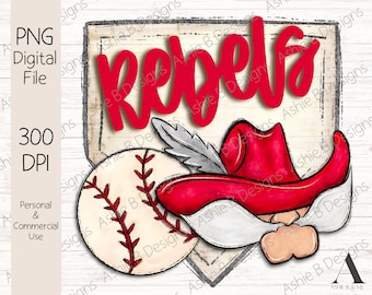 Rebels Baseball PNG, Design maglietta Red Rebels Baseball, Download digitale, DTF