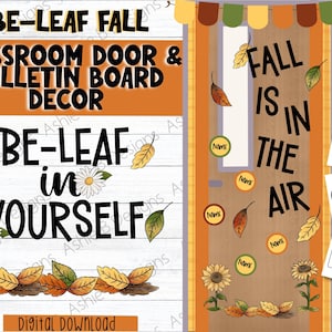 Deurdecor klaslokaal, Be-Leaf in Yourself-prikbord, Easy Fall-klasdecoratie, afdrukbare pdf, digitale download