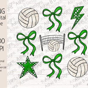 Volleyball Bow Collage PNG, Green Coquette Bow Volleyball Tshirt Design, Digital Download