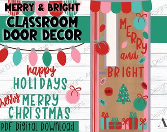Classroom Door Decor, Merry and Bright Christmas Bulletin Board Kit, printable PDF, Digital Download