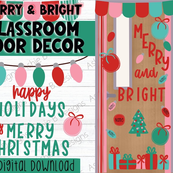 Classroom Door Decor, Merry and Bright Christmas Bulletin Board Kit, printable PDF, Digital Download