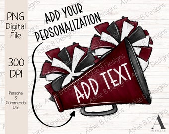 Cheer megaphone Pom Pom PNG, Maroon Cheer Sublimation t-shirt design, Digital Download, DTF