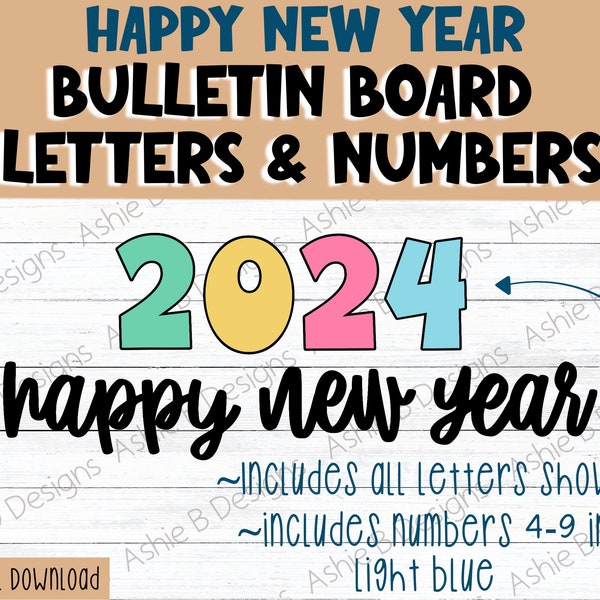 Happy New Year Bulletin Board Letters and Numbers, Classroom Decorations, Printable PDF, Digital Download