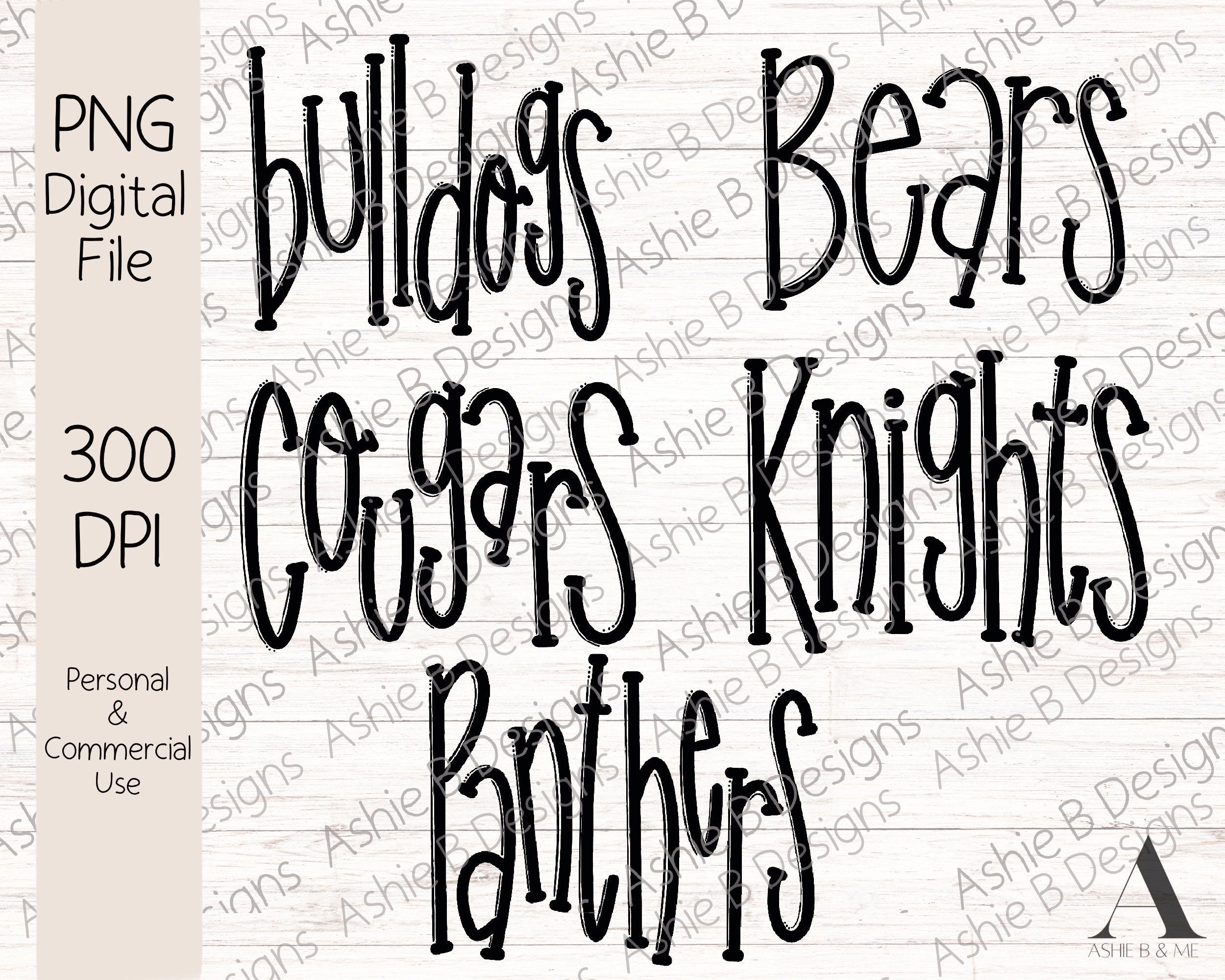 Hand drawn Mascot Names PNG Bundle, bulldogs, cougars, panthers, bears, knights team spirit, Sublimation Digital Download