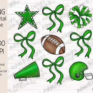 Football Bow Collage PNG, Green Coquette Bow Football Tshirt Design, Digital Download