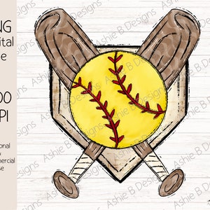 May include: A watercolor illustration of a softball, two crossed bats, and a home plate. The softball is yellow with red stitching. The bats are brown with a white stripe. The home plate is brown with a white outline.