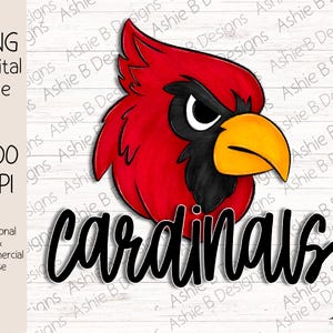 May include: A digital illustration of a red cardinal with a black beak and yellow accents. The cardinal is looking to the right. The text "cardinals" is written in black cursive below the cardinal.