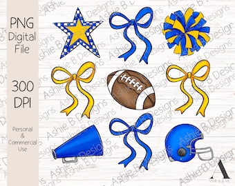 Colagem de laço de futebol PNG, design de camiseta de futebol com laço azul e amarelo, download digital