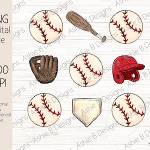 May include: A set of nine baseball-themed digital clipart images. The images include a baseball, a baseball glove, a baseball bat, a baseball cap, a baseball home plate, and four baseballs with red stitching.