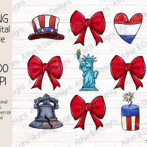 May include: A set of eight digital illustrations featuring red, white, and blue patriotic themes. The illustrations include a liberty bell, a firecracker, a Statue of Liberty, a top hat, a heart, and three red bows.