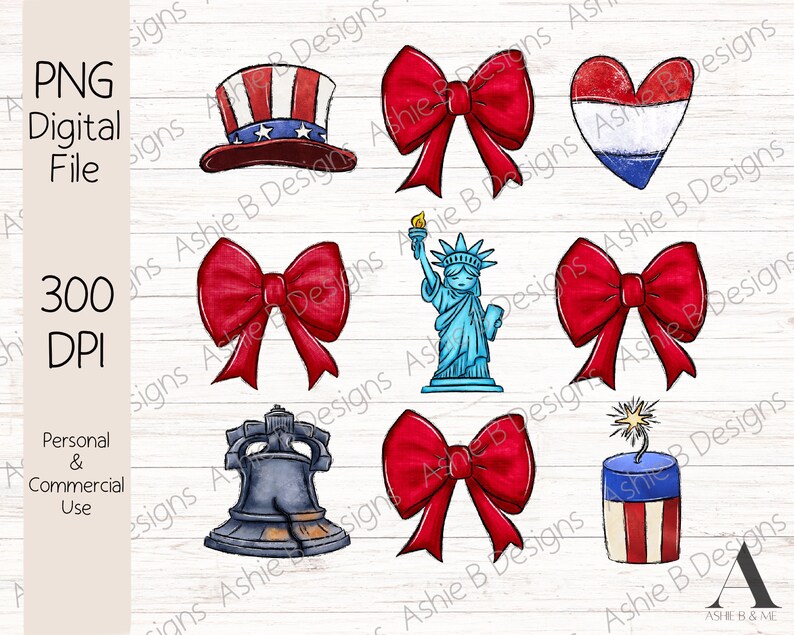 May include: A set of eight digital illustrations featuring red, white, and blue patriotic themes. The illustrations include a liberty bell, a firecracker, a Statue of Liberty, a top hat, a heart, and three red bows.