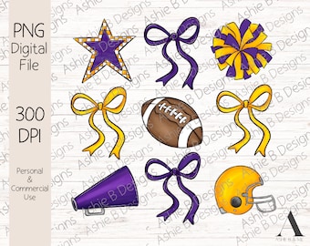 Football Bow Collage PNG, Purple and Yellow Gold Coquette Bow Football Tshirt Design, Sublimation design, Digital Download