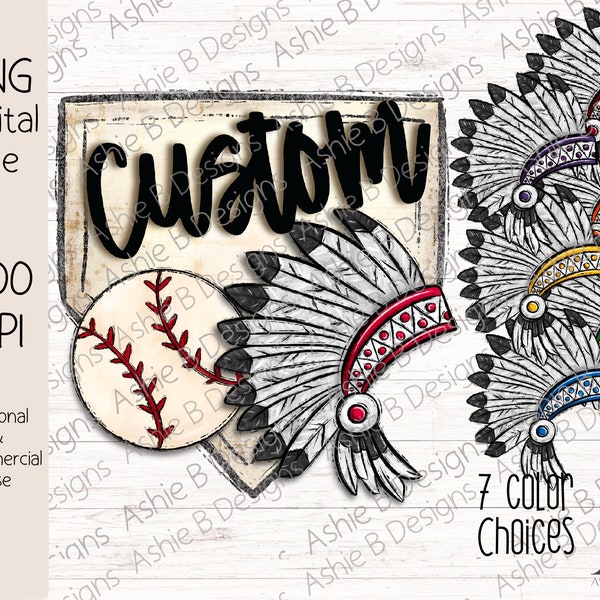 CUSTOM Listing, Made to Order Digital PNG, Baseball Homeplate with Headdress and Mascot Name, Baseball Png