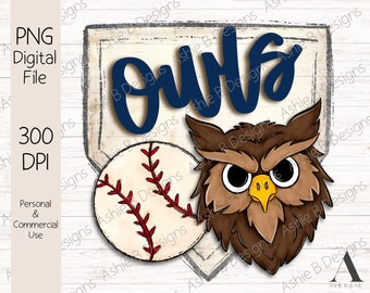 Gufi Baseball PNG, Design T-shirt Baseball, Sublimazione, Download Digitale