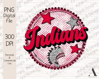 Indians PNG, Retro Red and Black Indians Tshirt Design, Sublimation, Digital Download