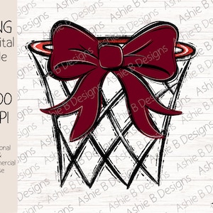 May include: A digital PNG file featuring a basketball hoop with a large burgundy bow. The hoop is black and white, with a red rim. Text includes "PNG Digital File", "300 DPI", and "Personal & Commercial Use".
