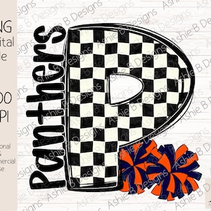 May include: Digital PNG file featuring a large letter "P" with a black and white checkered pattern. The word "Panthers" is written vertically on the left side. Two orange and blue pom-poms are at the bottom. The file is for personal and commercial use.