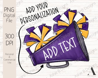 Cheer megaphone Pom Pom PNG, Yellow Gold and Purple Cheer Sublimation tshirt design, Digital Download, DTF