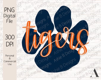 Tigers PNG, Navy and Orange Tigers Paw T-shirt design, Digital Download