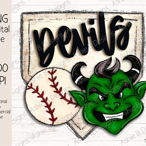 May include: A green cartoon devil with horns and a baseball bat. The devil is in front of a baseball home plate with the word "Devils" written in black on it. A baseball is also in the image.