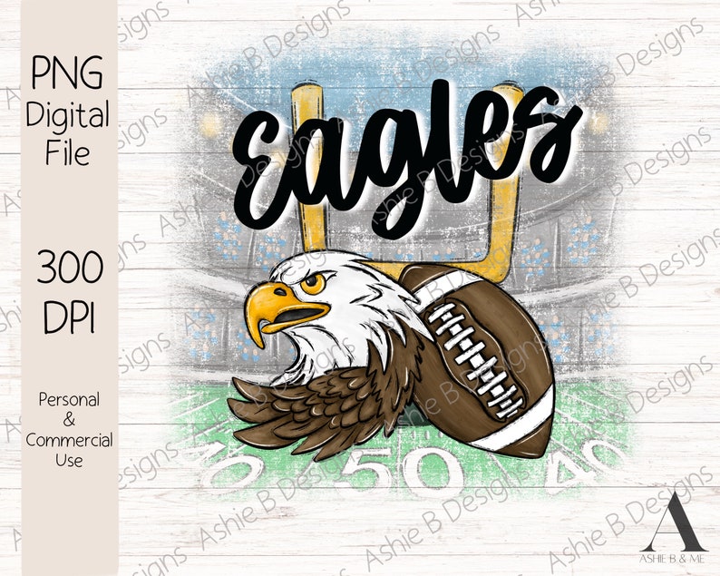 May include: A digital illustration of an eagle with a football in its talons. The eagle is in front of a football pitch with the word "Eagles" written in black above it. The background is a white and blue stadium.
