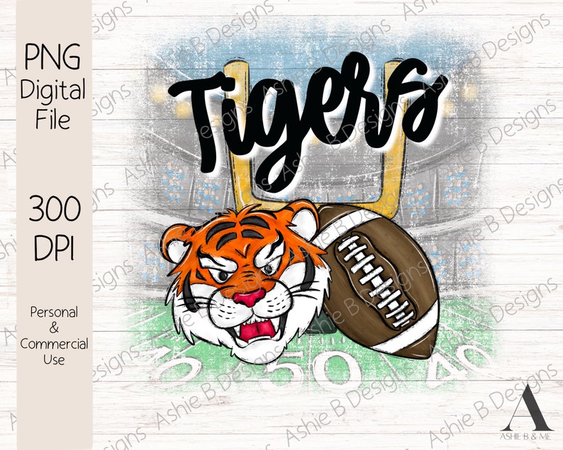 May include: A digital illustration of a cartoon tiger holding a football with the word "Tigers" written in black above it. The background is a green and white football field with a goal post and a crowd of people in the stands.