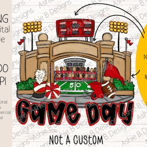 May include: Digital file featuring a stadium illustration with the text "Game Day." The image includes a football, helmet, and scoreboard. The design is in red, black, and brown tones, with the option to personalize the stadium name and numbers.
