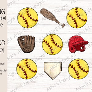 May include: A set of nine digital clipart images featuring softball-themed illustrations. The set includes a baseball bat, a catcher's mitt, a baseball helmet, a home plate, and four yellow and red baseballs.