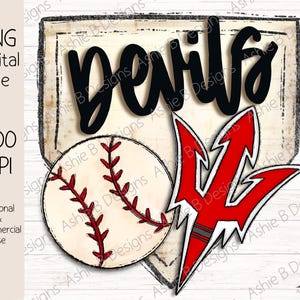 May include: A digital illustration of a baseball home plate with the word "Devils" written in black script across the top. A red and white stylized arrow is on the right side of the plate and a baseball with red stitching is on the left side.