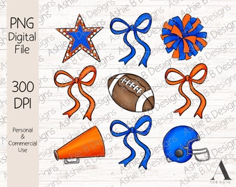 Football Bow Collage PNG, Orange and Blue Coquette Bow Football Tshirt Design, Sublimation design, Digital Download