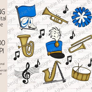 May include: Digital file featuring illustrations of marching band instruments and accessories. Includes a blue flag, trumpet, drum, saxophone, and a marching band hat. The text "PNG Digital File" and "300 DPI" are also included.