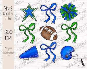 Football Bow Collage PNG, Blue and Green Coquette Bow Football Tshirt Design, Sublimation design, Digital Download