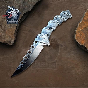 Classic Stonewash 8&quot; Chain Fantasy Vintage Hunting Folding Steel Knife For Father, Husband, Boyfriend,Christmas gift W018-WolfSmithKnife