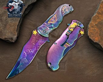 Rainbow Fantasy Mermaid Vintage 8" Spring Assisted Folding Collectible Knife For Father,Husband,Boyfriend,Christmas gift W037-WolfSmithKnife